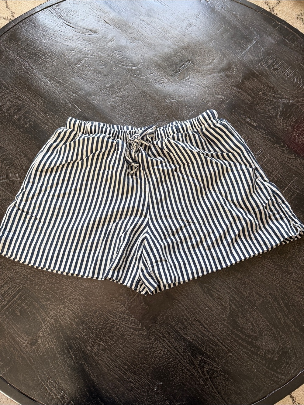 H&M Navy and White High-Waist Striped Drawstring Shorts